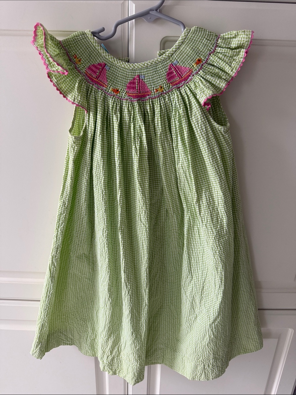 4T Girls' Smocked Green Sailboat Dress with Pink Trim